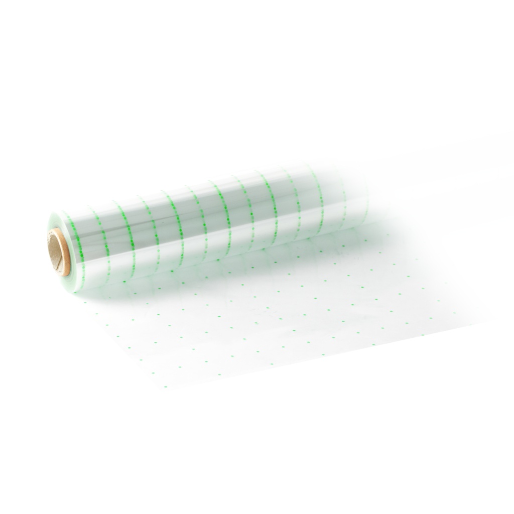 Bobina 0.8 x 50 m 35 µm PP transparente punto verde