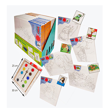 [6350001] Expositor 10 sets lienzo decorado 25 x 30 con pincel y pinturas 5 diseños
